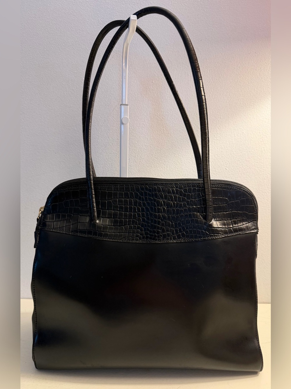 Talbots Made in Italy, black leather bag, embossed.